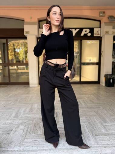 Pantalone a palazzo con fascione in pizzo Nero -Lumina