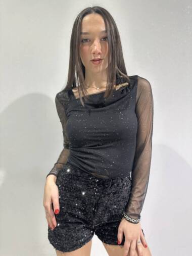 Maglietta in tulle brillantinoso con acessorio oro