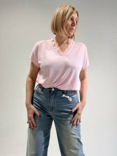 Maglia scollo V con pizzo in viscosa